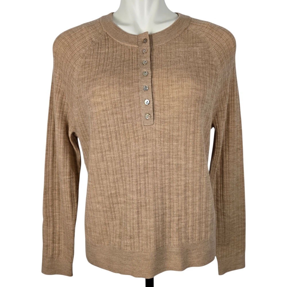 NWT Max Studio Women's Henley Button Knit Merino Wool Tan Long Sleeve Top L